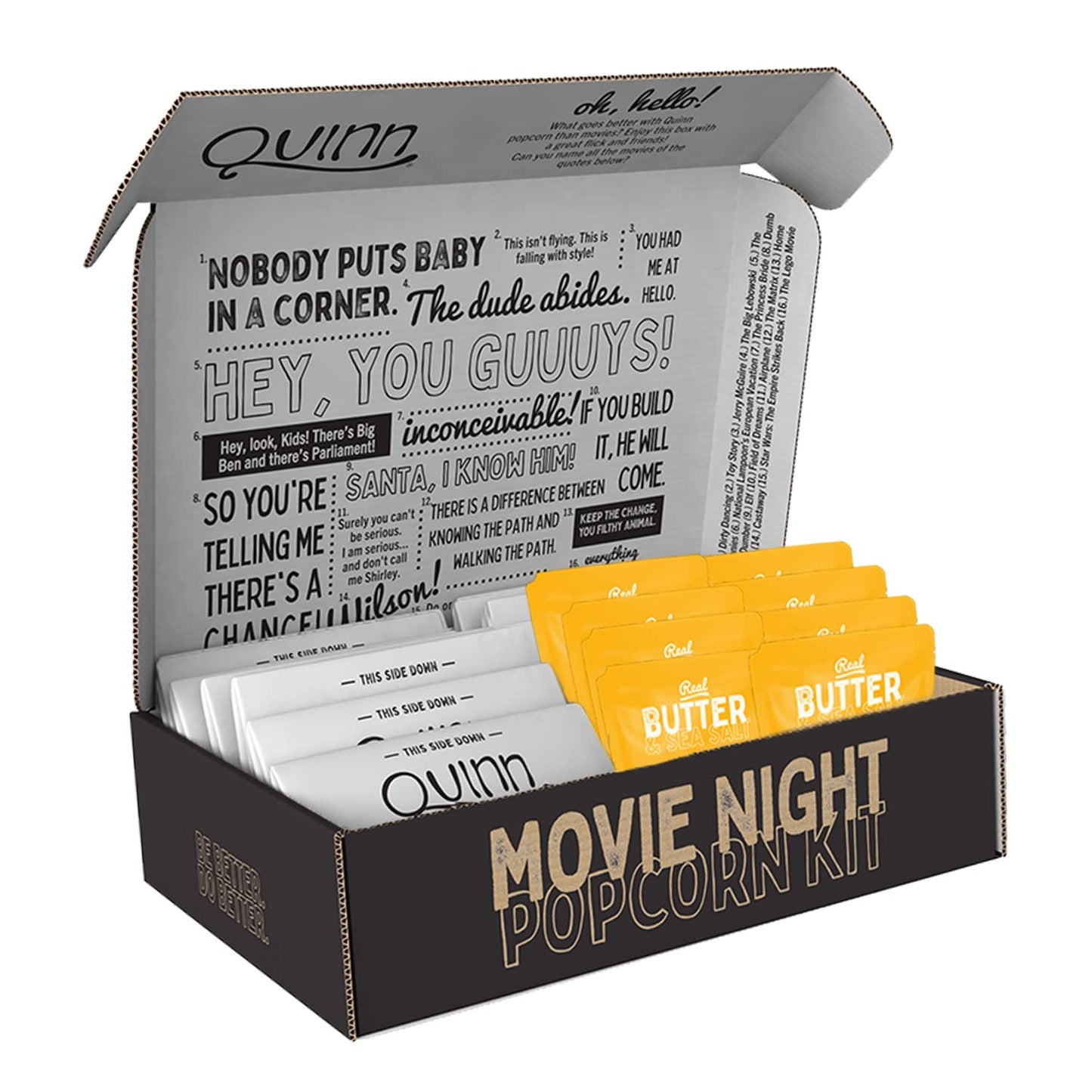 Quinn Movie Night Popcorn Real Butter & Sea Salt Kit, Non-Gmo, Organic Popcorn Kernels, (8 bags)