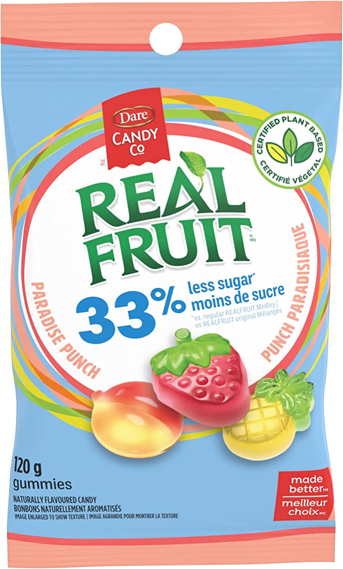 RealFruit Paradise Punch - Strawberry, Peach, and Pineapple Flavoured Plant Based Gummies with 33% Less Sugar 120g Pack