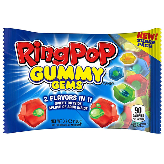 Ring Pop Gummies Gems Individual 16 Pouches Assorted Sweet and Sour Gummy Candy Flavors, Pack Of 16, Gummy Gems, 59.2 Oz