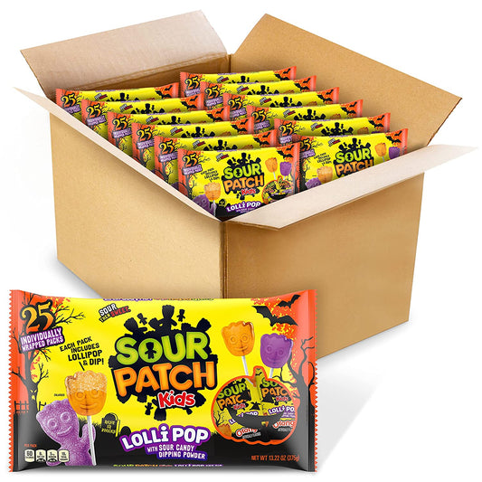 SOUR PATCH KIDS Orange & Purple Halloween Candy Lollipops with Sour Candy Dipping Powder, 300 Lollipops (12 Bags)