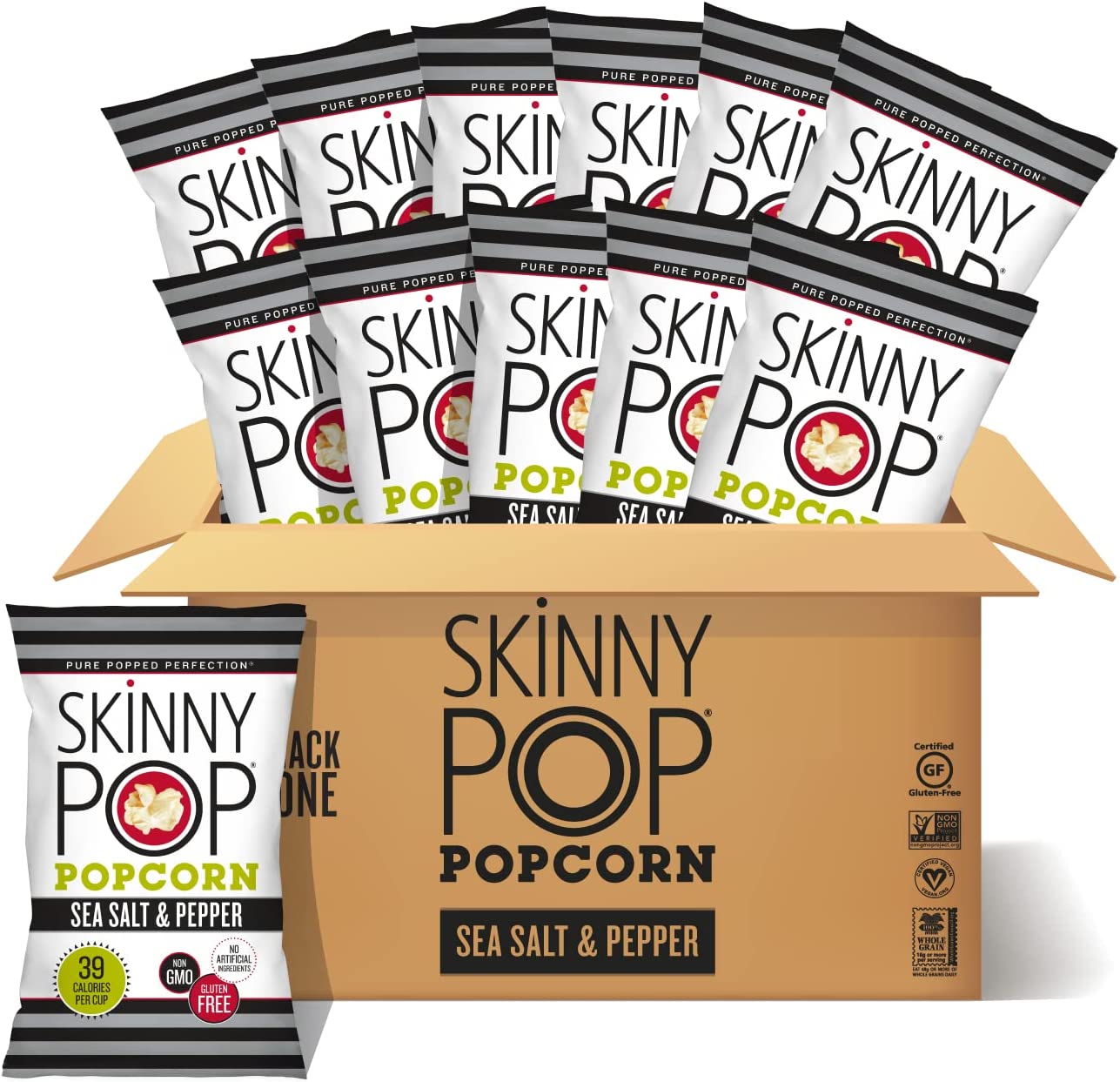 SkinnyPop Sea Salt & Pepper Popcorn, 12ct, 4.4oz Grocery Size Bags, Skinny Pop, Healthy Popcorn Snacks, Gluten Free