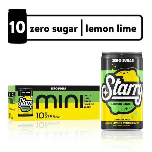 Starry Zero Sugar Lemon Lime Flavored Soda Pop, 7.5 oz, 10 Pack Mini Cans