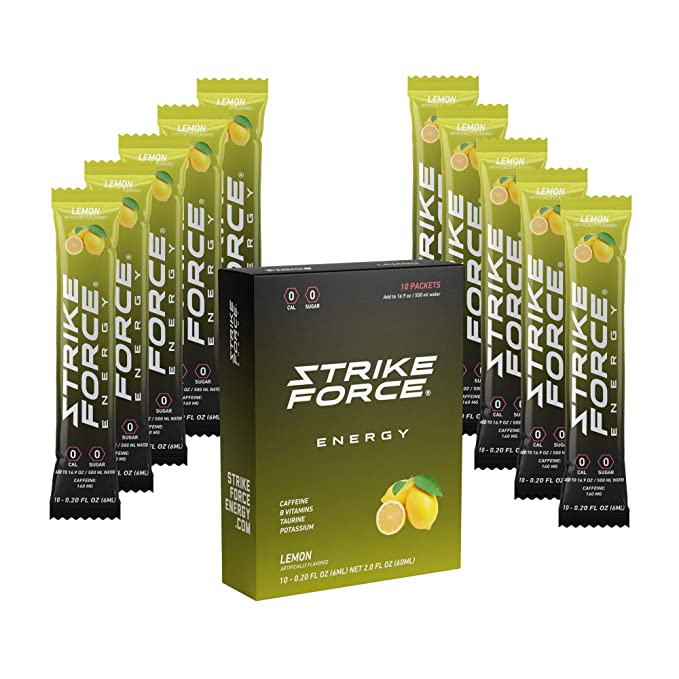 Strike Force Energy Drink Mix - Lemon Flavor - Natural Tasting Caffeine Drink - Turn Any Drink into a Healthy Energy Drink - Zero Calories, Keto Friendly, Sugar Free, Pre Workout (10 Liquid Packs)