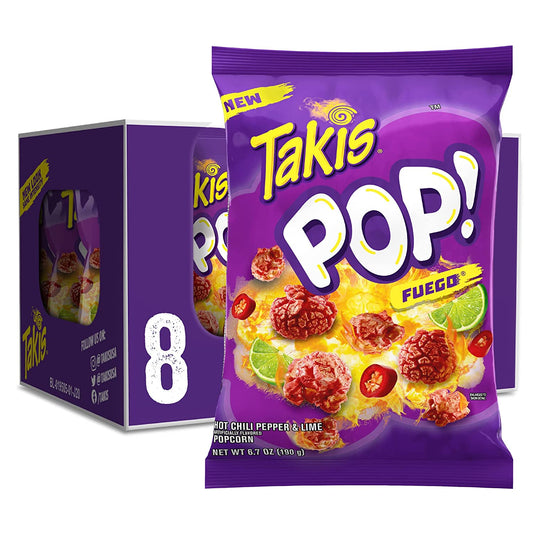 Takis Pop! Fuego Ready-To-Eat Popcorn, Hot Chili Pepper and Lime Artificially Flavored Popcorn, Multipack Box with 8 Bags of 6.7 Ounces, Net Weight of 3 Pounds 5.6 Ounces