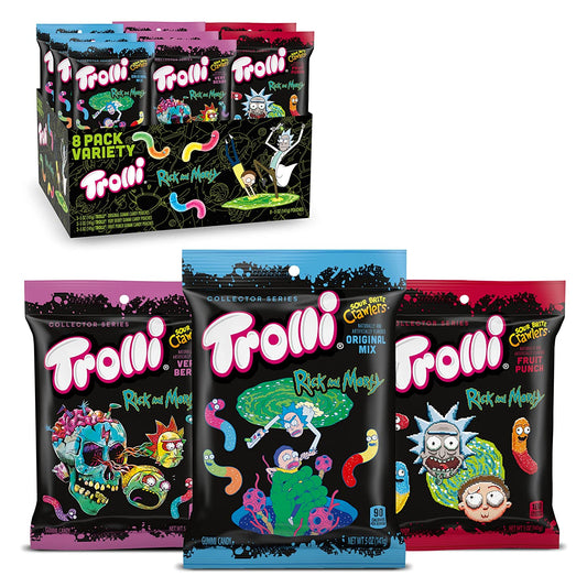 Trolli Sour Brite Crawlers Variety Pack | Collector Series | Rick and Morty | Assorted Multi-Flavored Sweet and Sour Gummy Worms Candy | 5 OZ Pouches (Pack of 8) -
