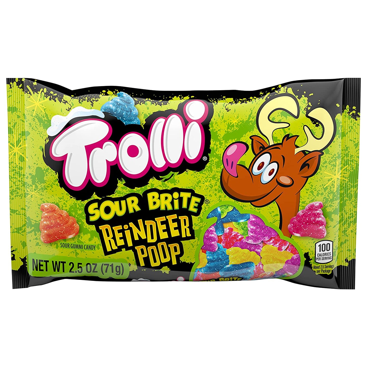 Trolli Sour Brite Gummy Reindeer Poop Candy, Holiday Stocking Stuffer for Kids, 2.5oz (24 Pack)