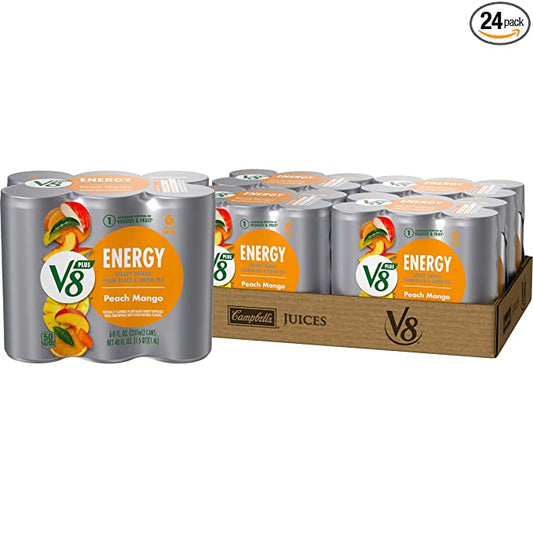 V8 +ENERGY Peach Mango Energy Drink, Made with Real Vegetable and Fruit Juices, 8 FL OZ Can (Pack of 24)