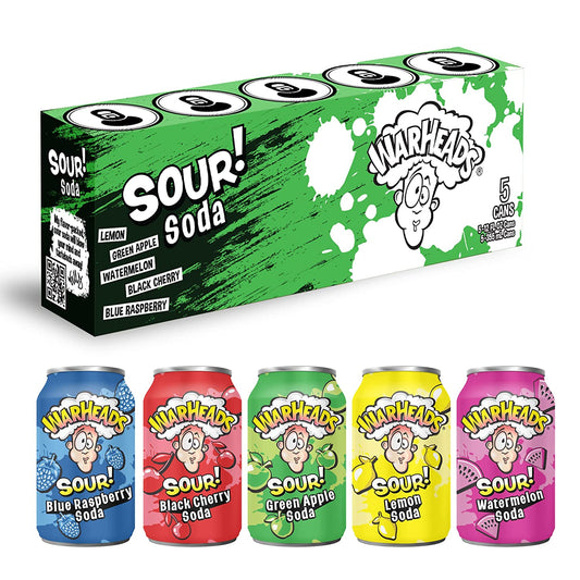 WARHEADS SODA - Sour Fruity Soda with Classic Warheads Flavors – Perfectly Balanced Sweet and Sour Soda - Warheads Candy , Soda, Cocktail Mixer, Pack of 5, 12oz Cans (Sampler Pack)