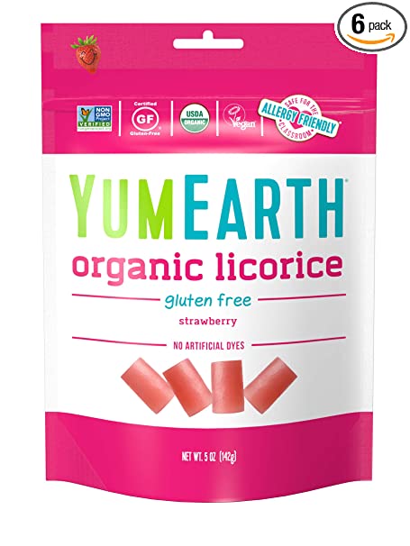 YumEarth Organic Gluten Free Strawberry Licorice, 6- 5 Ounce packs, Allergy Friendly, Gluten Free, Non-GMO, Vegan, No Artificial Flavors or Dyes