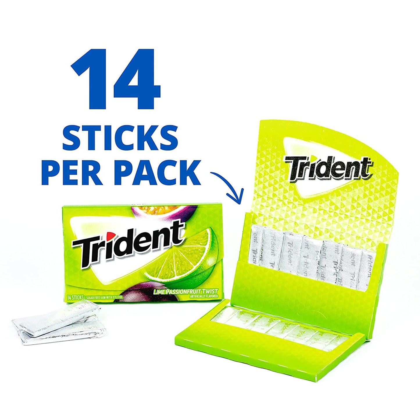 Trident Lime Passion Fruit Twist Sugar Free Gum, 12 Packs of 14 Pieces (168 Total Pieces) - Wholesale